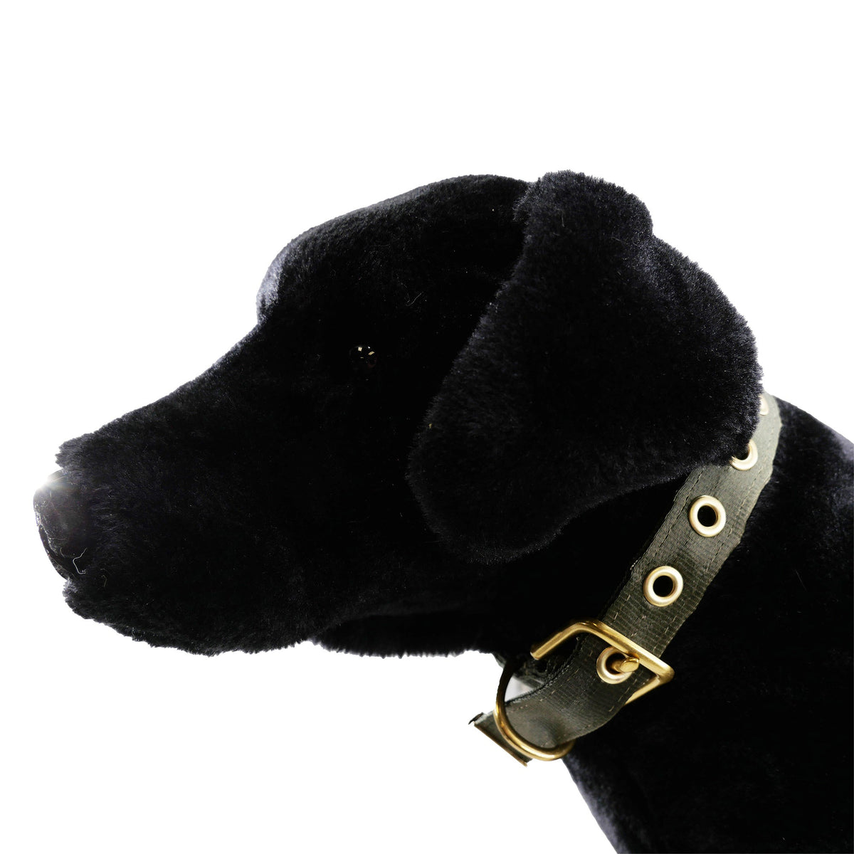 Seatbelt webbing dog collar in olive green, buckled on a black plush dog model