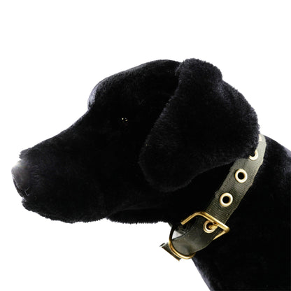 Seatbelt webbing dog collar in olive green, buckled on a black plush dog model