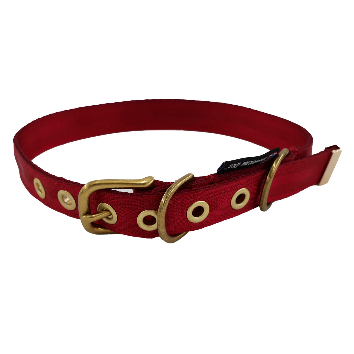 Seatbelt webbing dog collar in red, angled view showing the full loop of webbing