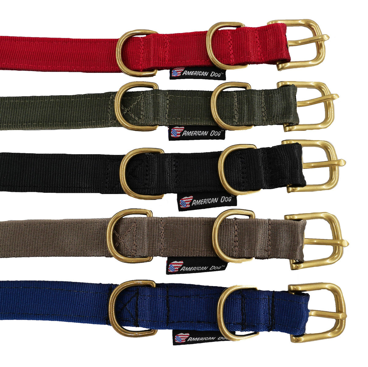 Seatbelt webbing dog collar in all five colors, red, olive, black, coyote and navy, buckle ends side by side