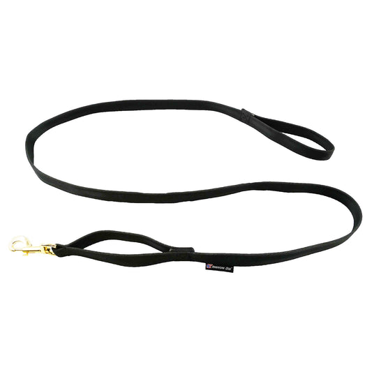 American Dog 6 ft seatbelt webbing dog leash in black, laid out to show the end handle and the traffic handle by the clip