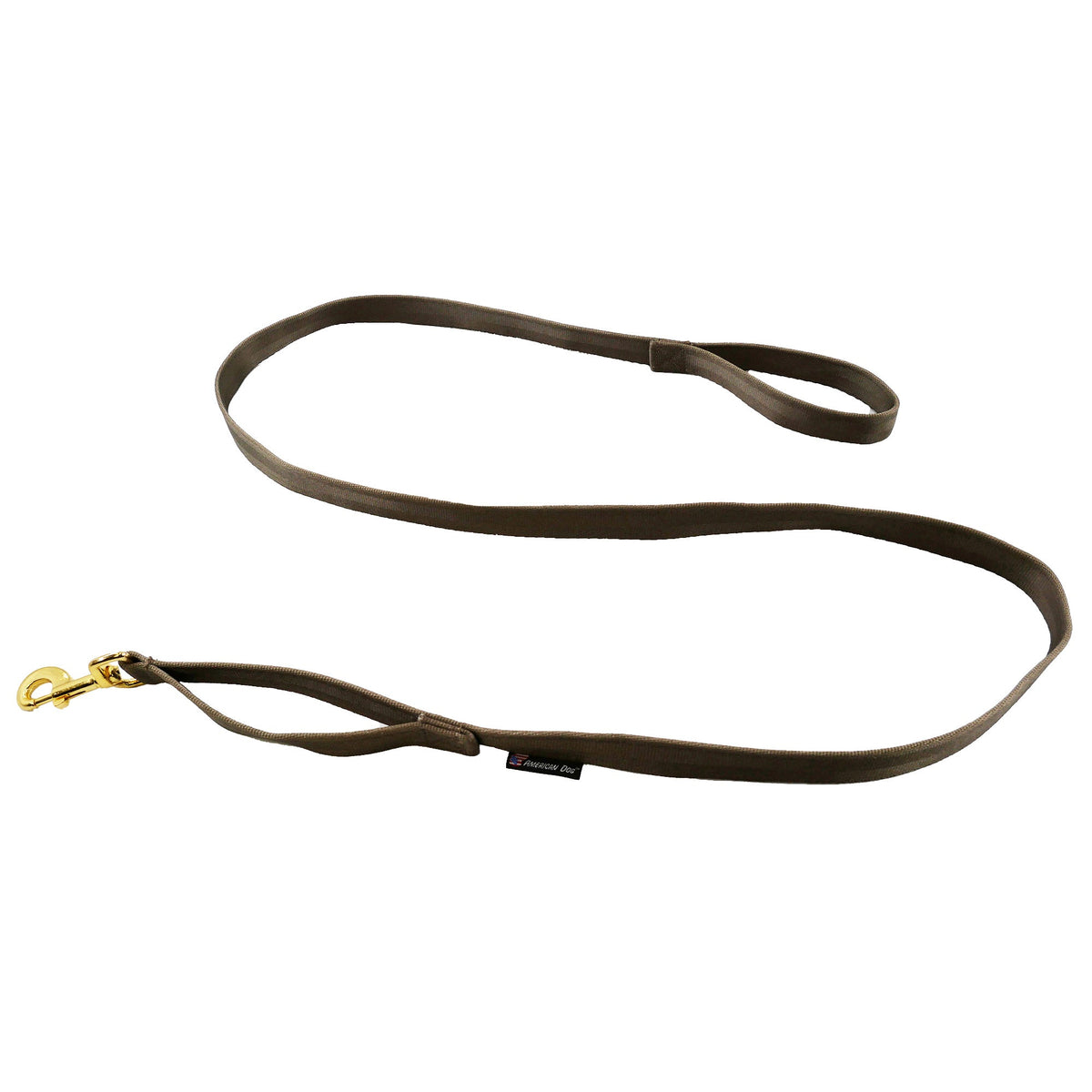 Seatbelt webbing dog leash in coyote brown, laid flat with the traffic handle near the snap hook