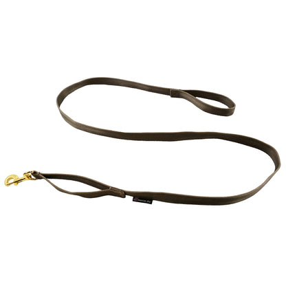 Seatbelt webbing dog leash in coyote brown, laid flat with the traffic handle near the snap hook