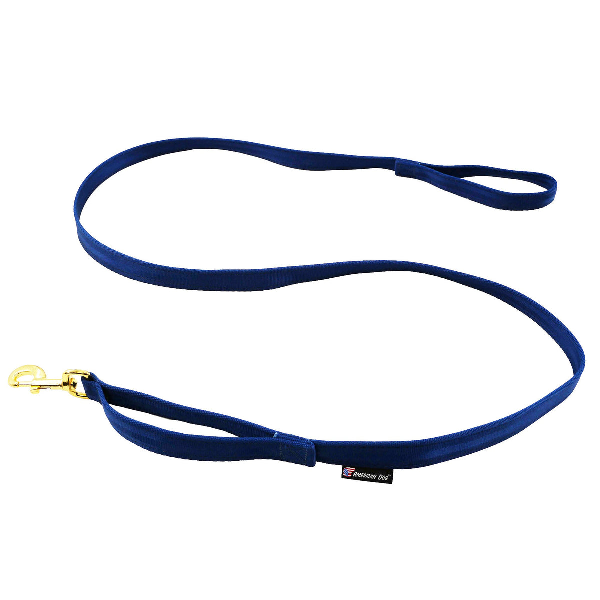 Seatbelt webbing dog leash in navy, laid flat with the American Dog tag beside the traffic handle