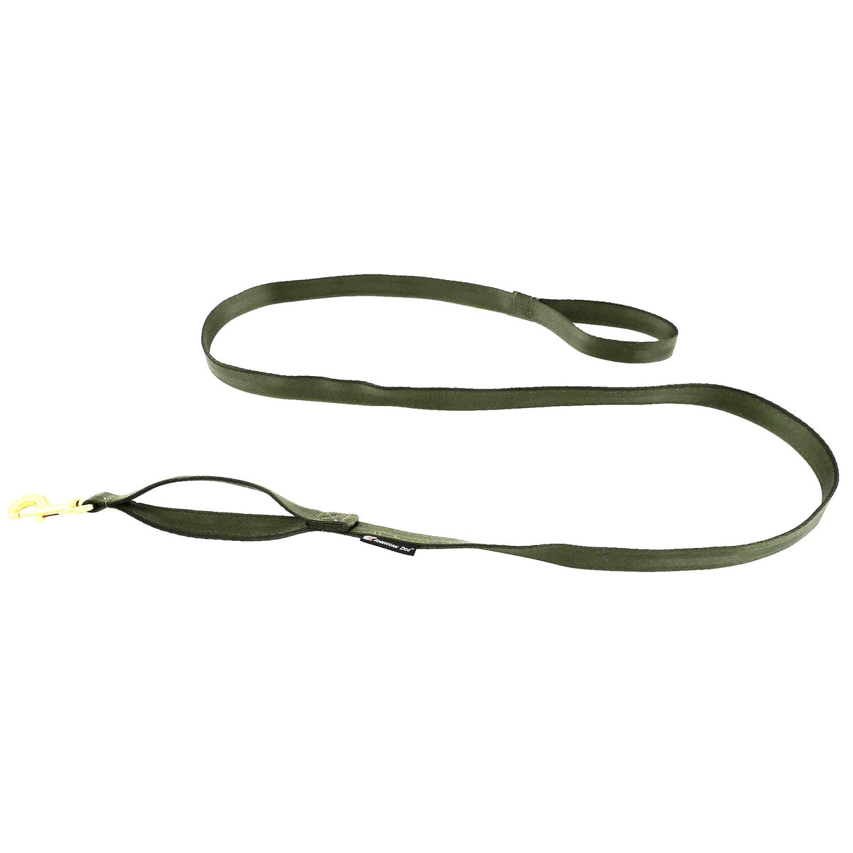 Seatbelt webbing dog leash in olive green, laid flat showing both handles