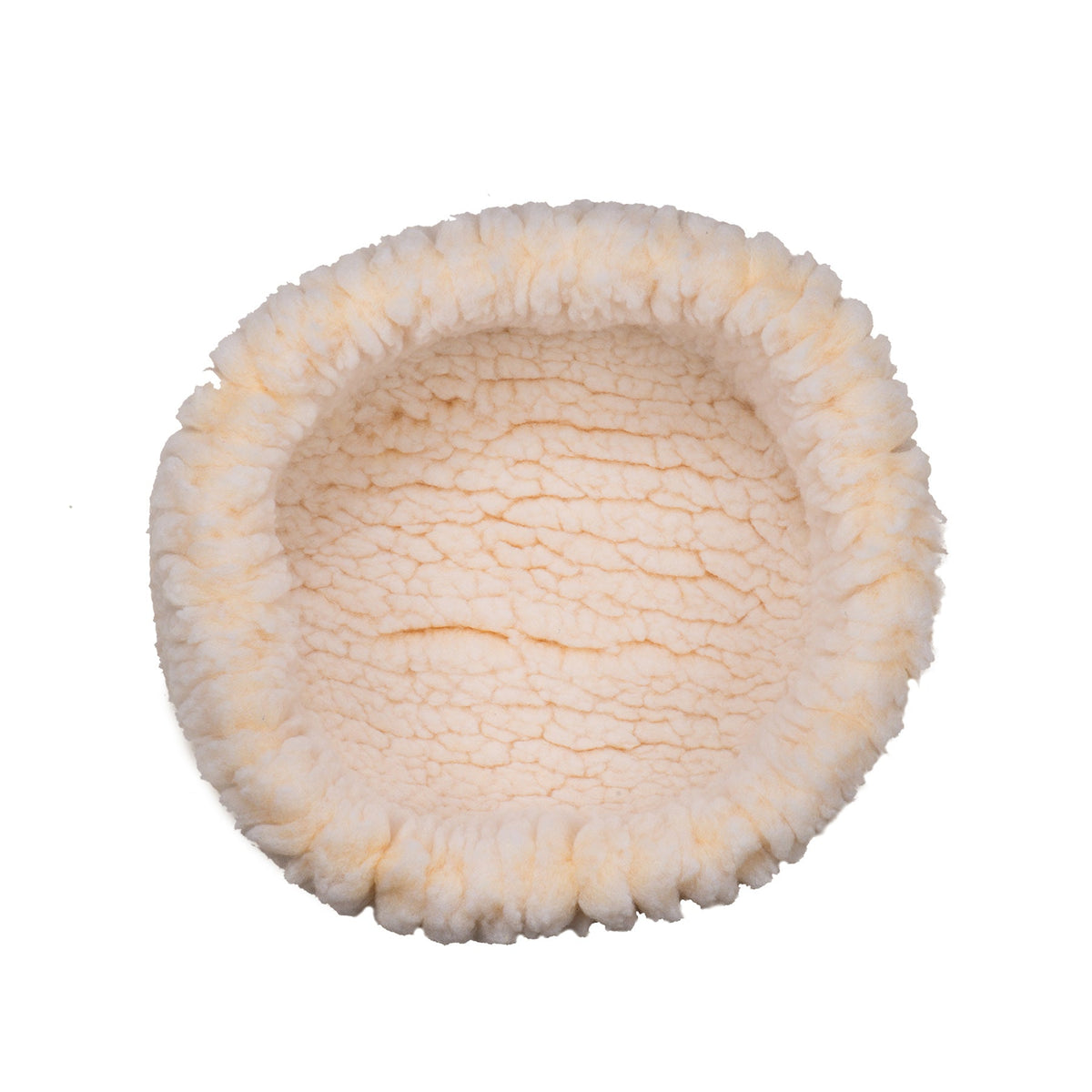 HuggleHounds HuggleSnuggler fleece bed for small dogs and cats, top view of the round natural cream bed and rim