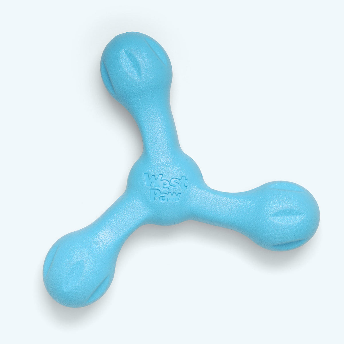 West Paw Skamp fetch toy in aqua, a three-armed Zogoflex dog toy with rounded ends, top view