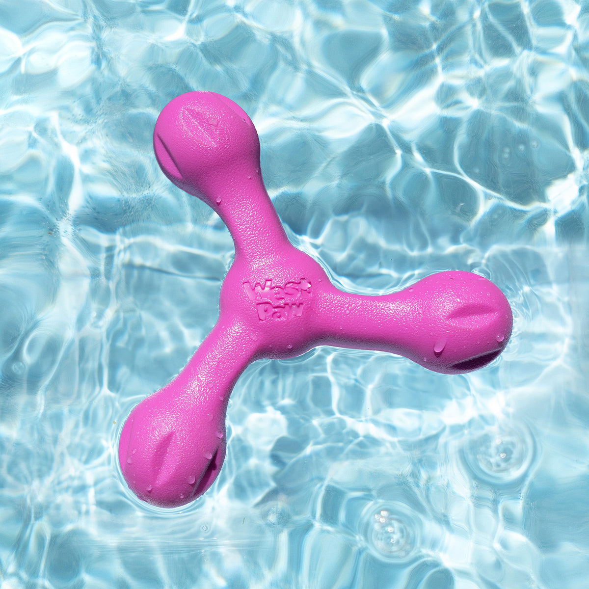 Skamp fetch toy in hot pink floating on sunlit pool water