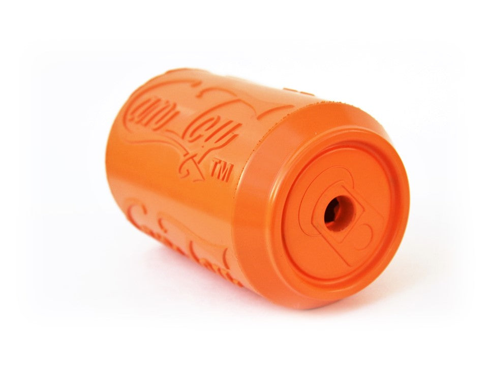 Orange SodaPup Can Toy on its side, showing the treat opening in the end shaped like a soda can top