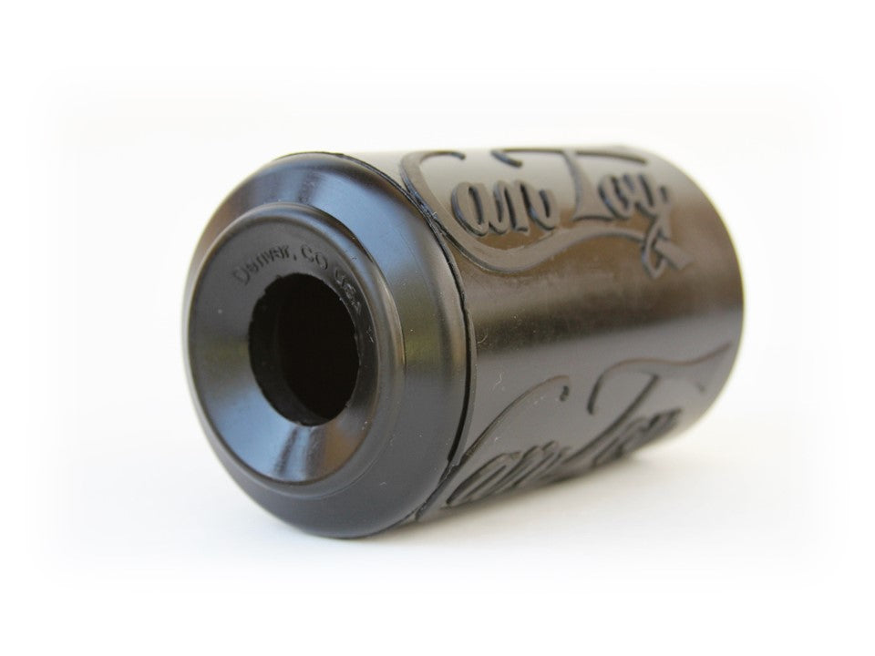 Black SodaPup Magnum Can Toy on its side, showing the wide open end for stuffing food