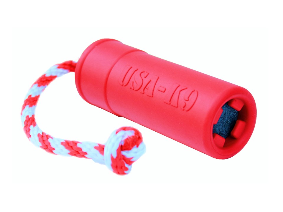 SodaPup USA-K9 Firecracker Floating Dummy, angled view of the open end with a dark gray core inside
