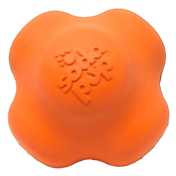SodaPup Crazy Bounce rubber fetch ball in orange, six rounded lobes and an embossed SodaPup logo, on white