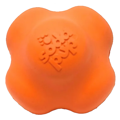 SodaPup Crazy Bounce rubber fetch ball in orange, six rounded lobes and an embossed SodaPup logo, on white