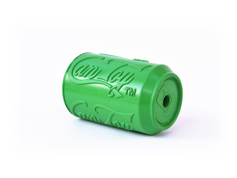 Green SodaPup Can Toy on its side, angled view of the treat opening and embossed lettering