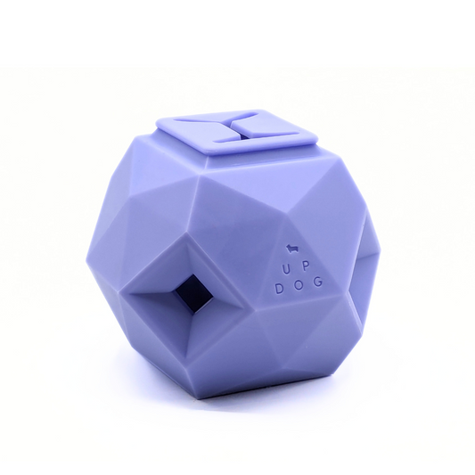 Up Dog Odin Treat Puzzle Ball in lavender purple, angled view on a white background