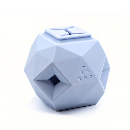 Up Dog Odin Treat Puzzle Ball in powder blue, angled view on a white background