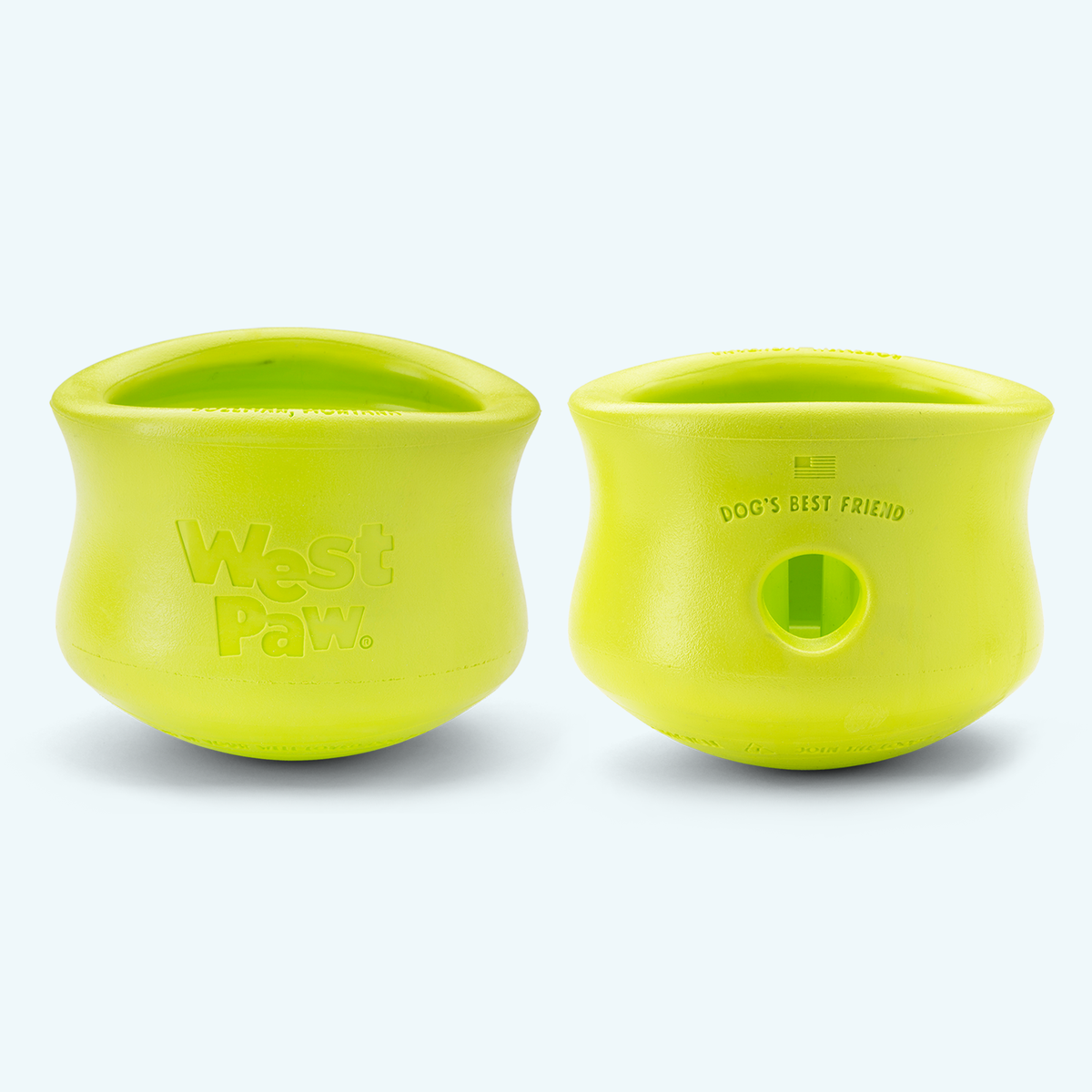 Two green West Paw Toppl treat toys, one showing the logo and one the side hole for fitting toys together