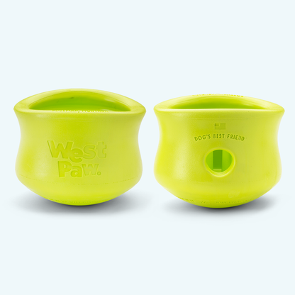 Two green West Paw Toppl treat toys, one showing the logo and one the side hole for fitting toys together