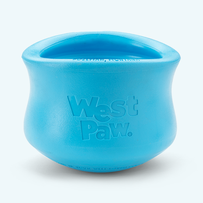 West Paw Toppl treat toy in aqua blue, front view showing the embossed West Paw logo