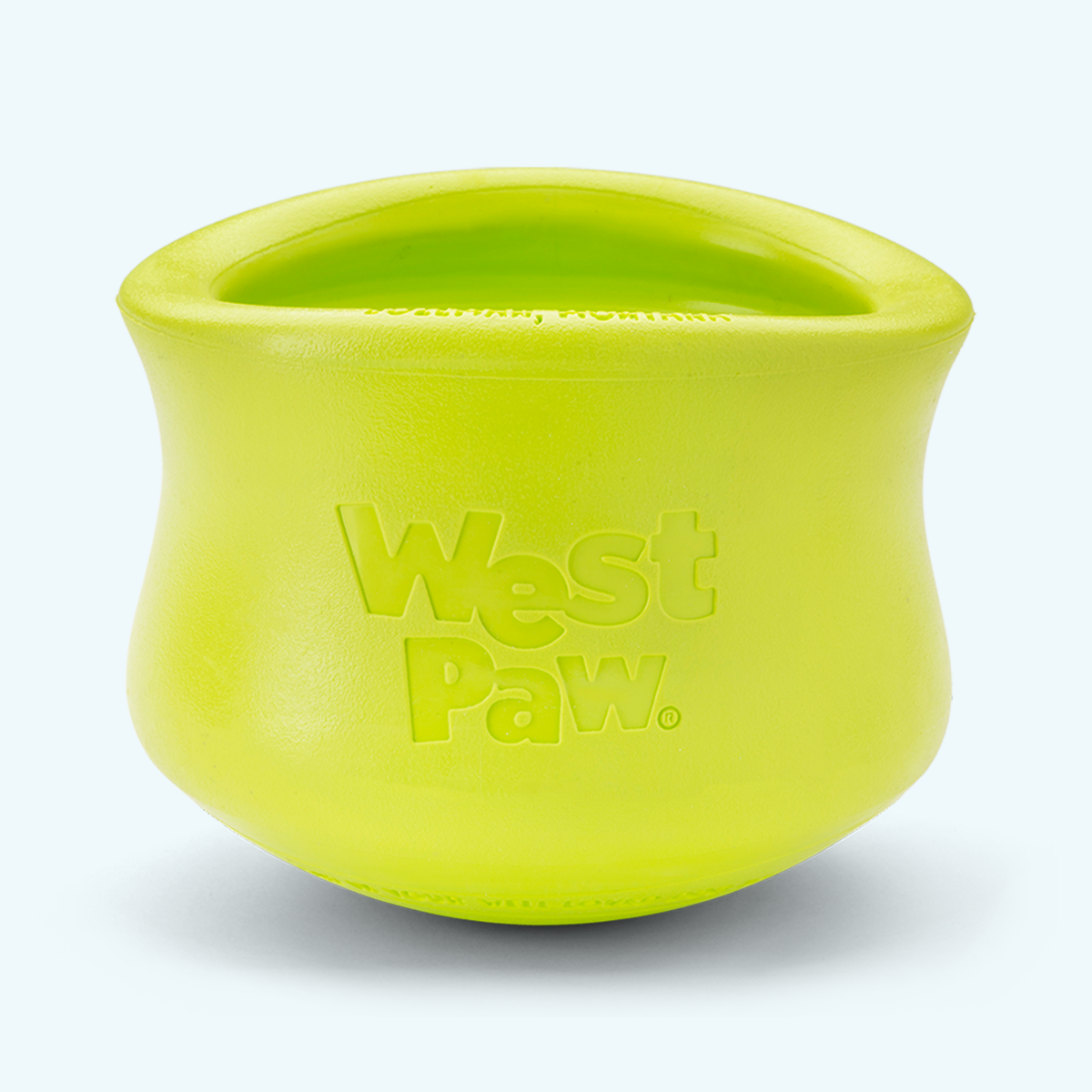 West Paw Toppl treat toy in granny smith green, front view showing the embossed West Paw logo