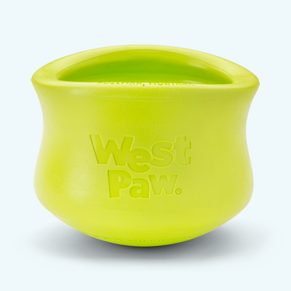 West Paw Toppl treat toy in granny smith green, front view showing the embossed West Paw logo