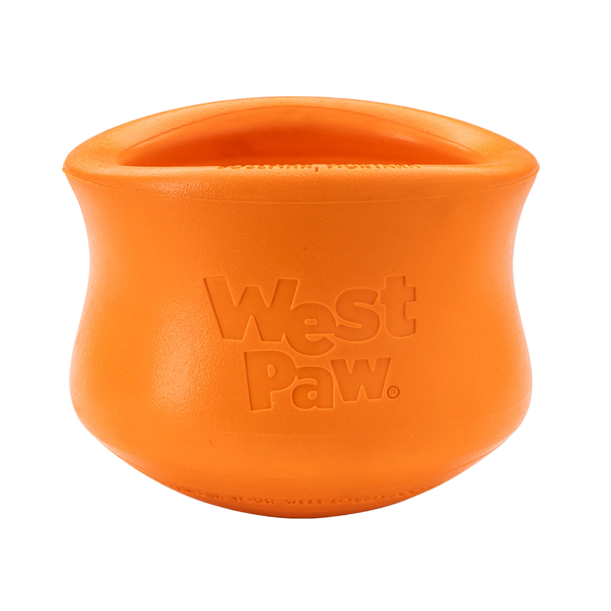 West Paw Toppl treat toy in tangerine orange, front view showing the embossed West Paw logo