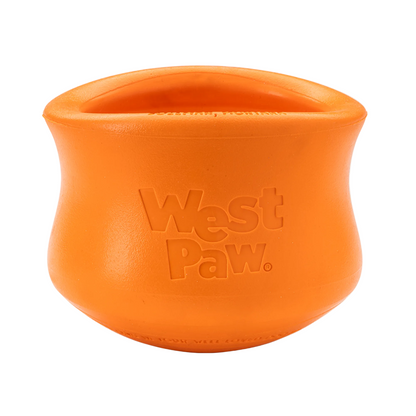 West Paw Toppl treat toy in tangerine orange, front view showing the embossed West Paw logo