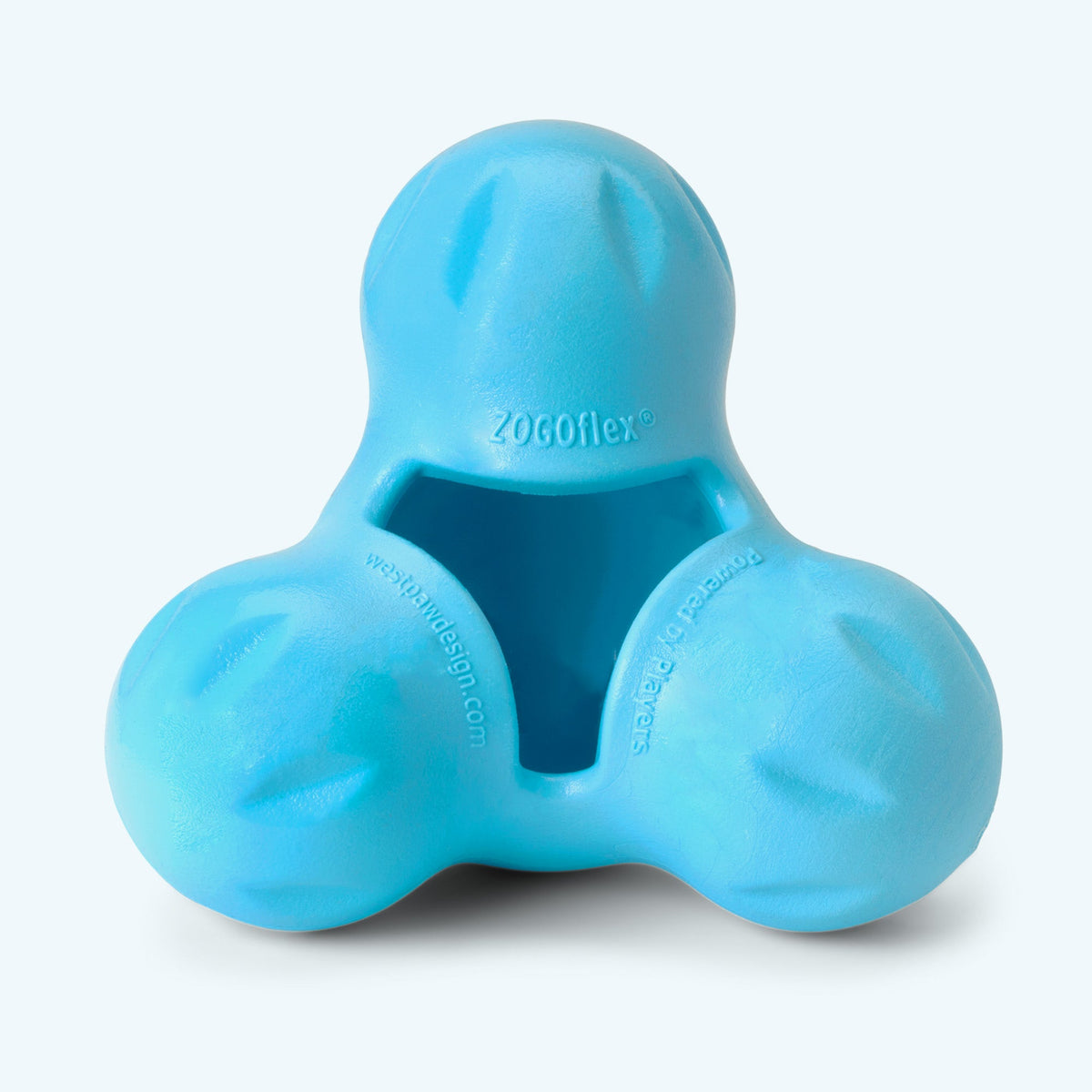 Tux treat toy in aqua blue, Large size, front view of the lobes and pocket