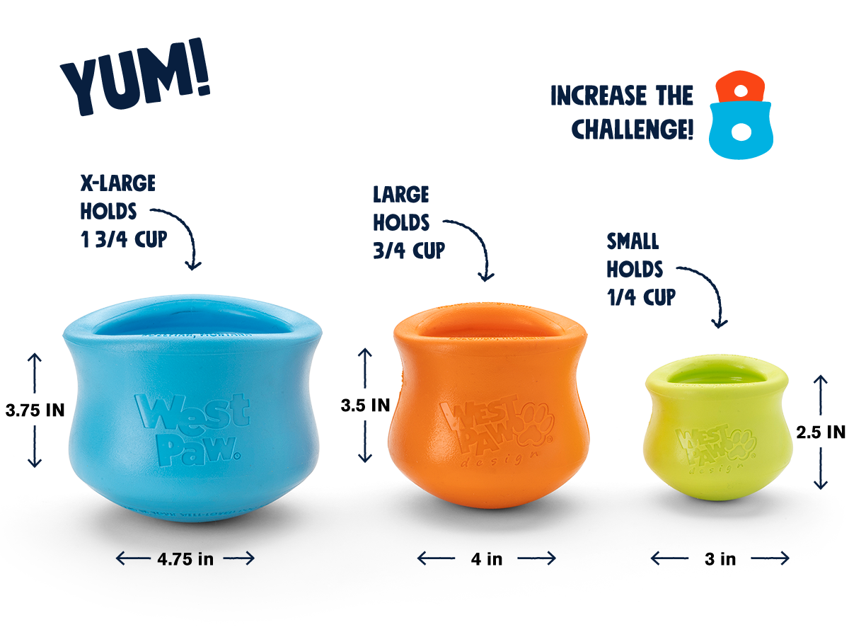 West Paw Toppl size chart: XL 3.75 by 4.75 inches, Large 3.5 by 4 inches, Small 2.5 by 3 inches, with capacities