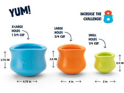 West Paw Toppl size chart: XL 3.75 by 4.75 inches, Large 3.5 by 4 inches, Small 2.5 by 3 inches, with capacities