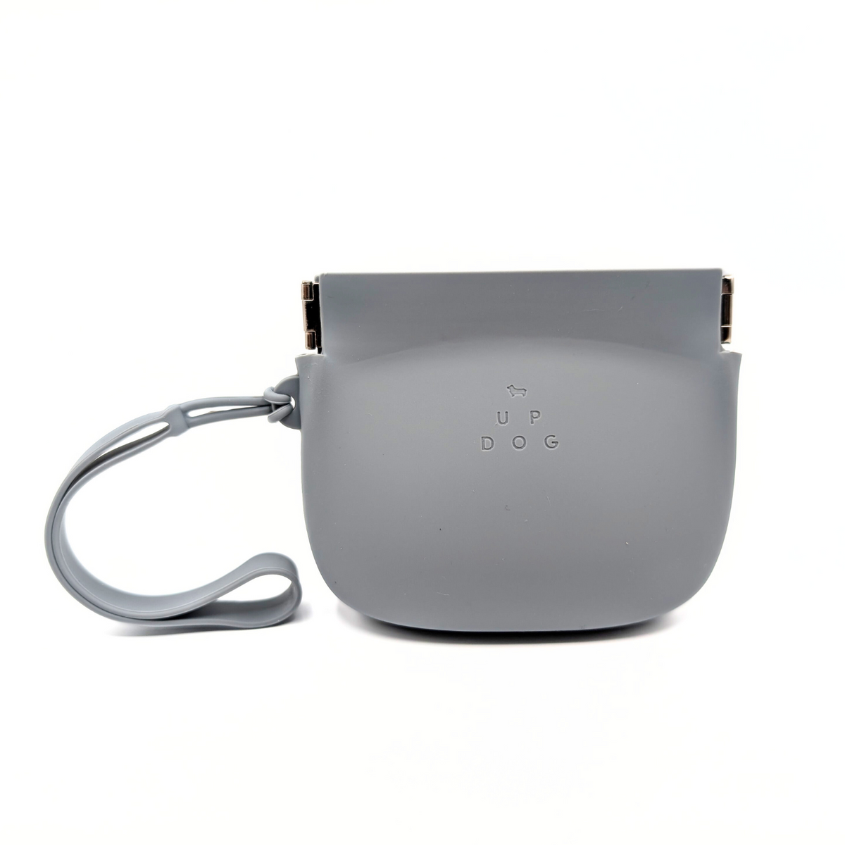 Up Dog One-Hand Treat Pouch in gray, front view with the metal spring frame and wrist strap