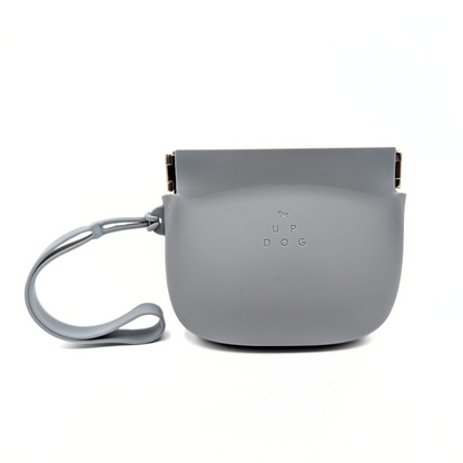Up Dog One-Hand Treat Pouch in gray, front view with the metal spring frame and wrist strap