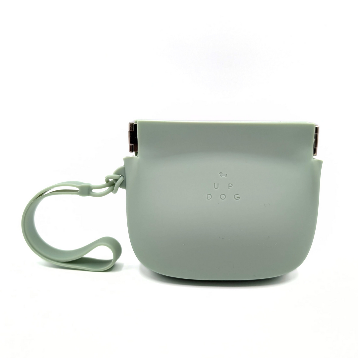 Up Dog One-Hand Treat Pouch in green, front view of the silicone squeeze-open pouch with its wrist strap