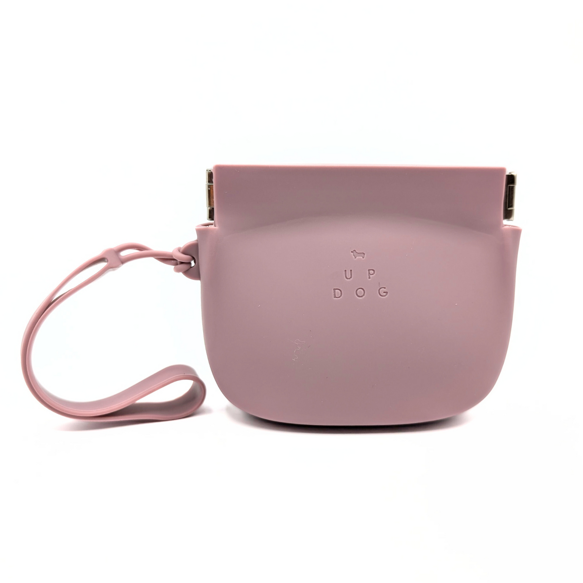 Up Dog One-Hand Treat Pouch in mauve, front view with wrist strap on a white background