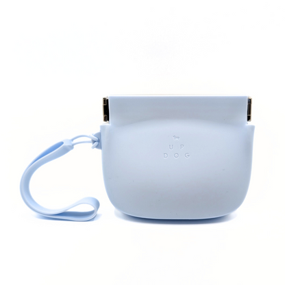 Up Dog One-Hand Treat Pouch in light blue, front view with wrist strap on a white background