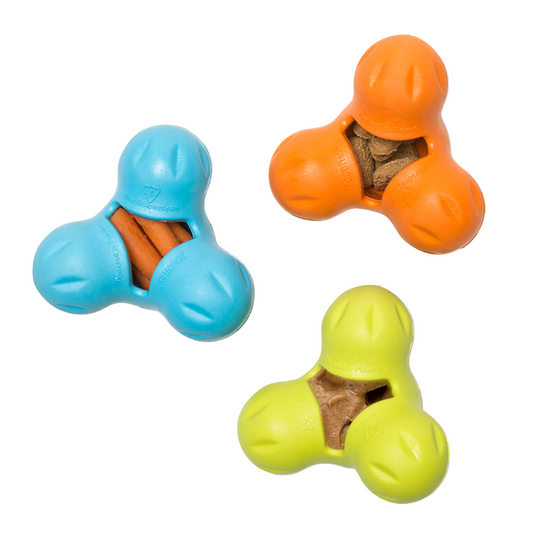 Tux treat toys in aqua blue, tangerine and granny smith green, each pocket packed with treats or a spread