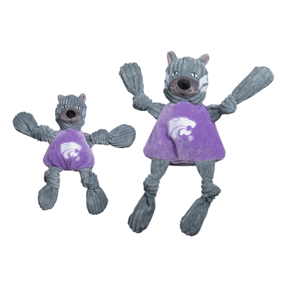 Willie the Wildcat Knottie dog toy in two sizes side by side on white