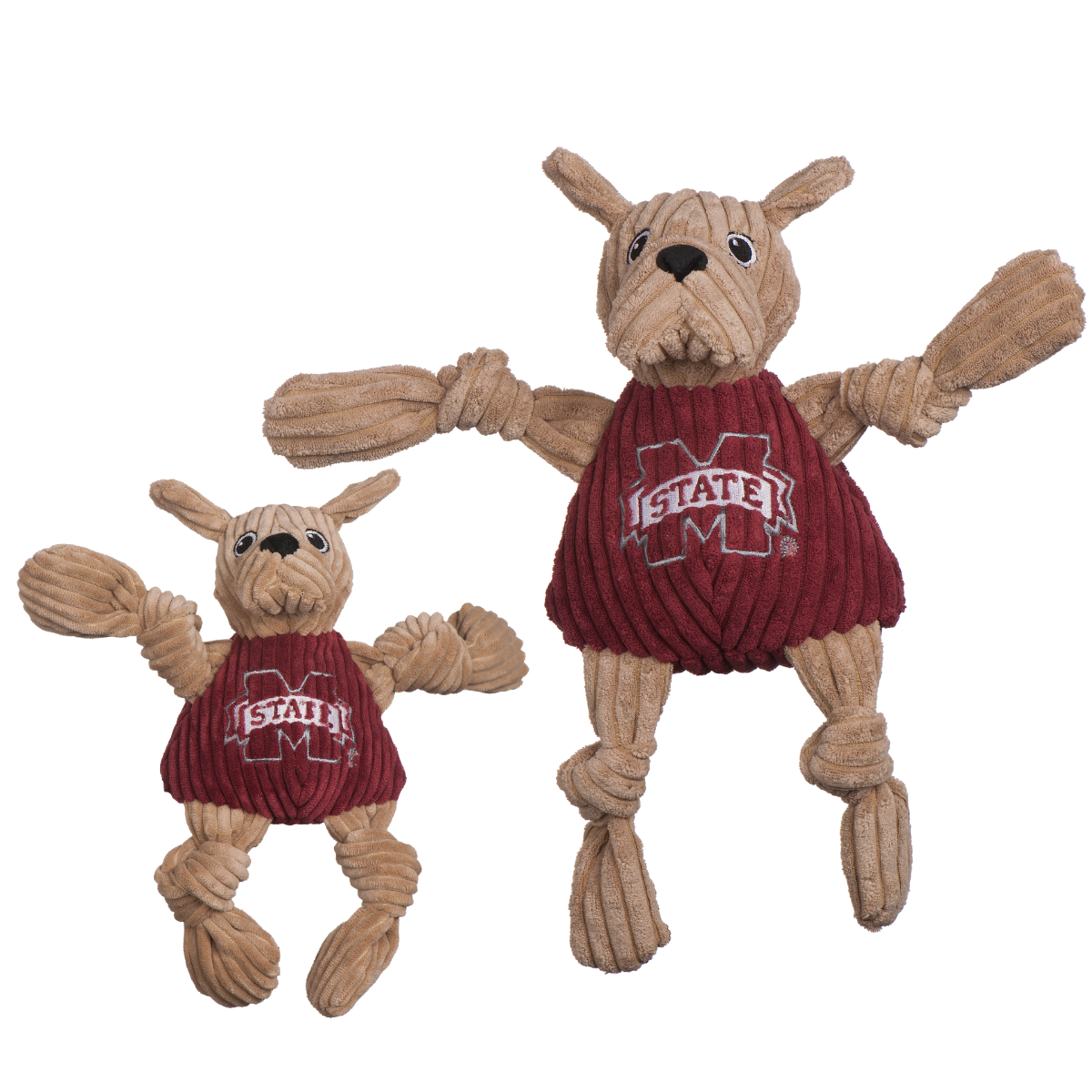 Bully Knottie dog toy in two sizes side by side on white