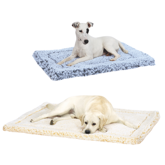 White short-coated dog on a gray HuggleFleece mat above a yellow Labrador on a natural cream one