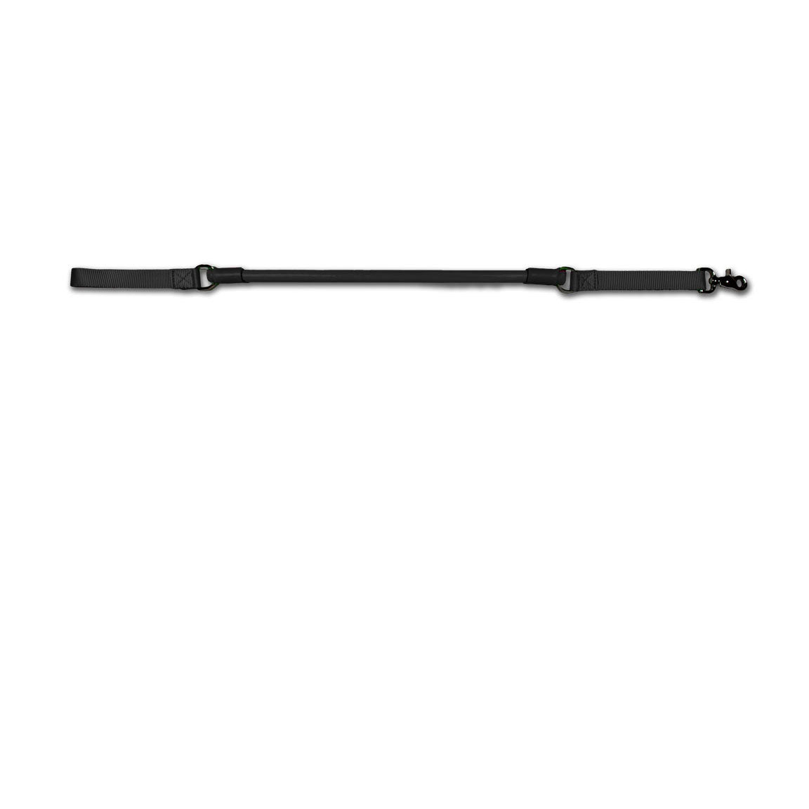 Urban Walk'r Short Stretch Leash in black laid flat, handle at left and snap clip at right