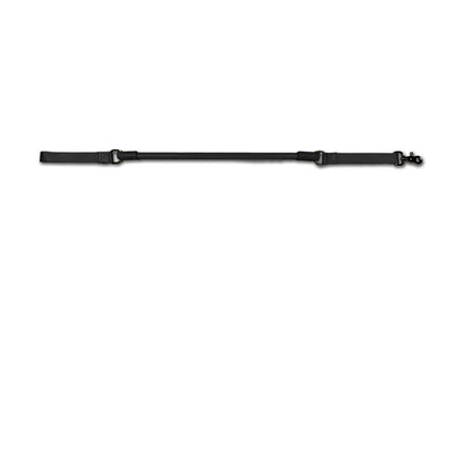 Urban Walk'r Short Stretch Leash in black laid flat, handle at left and snap clip at right