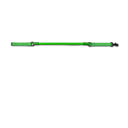 Urban Walk'r Short Stretch Leash in green laid flat, handle at left and snap clip at right