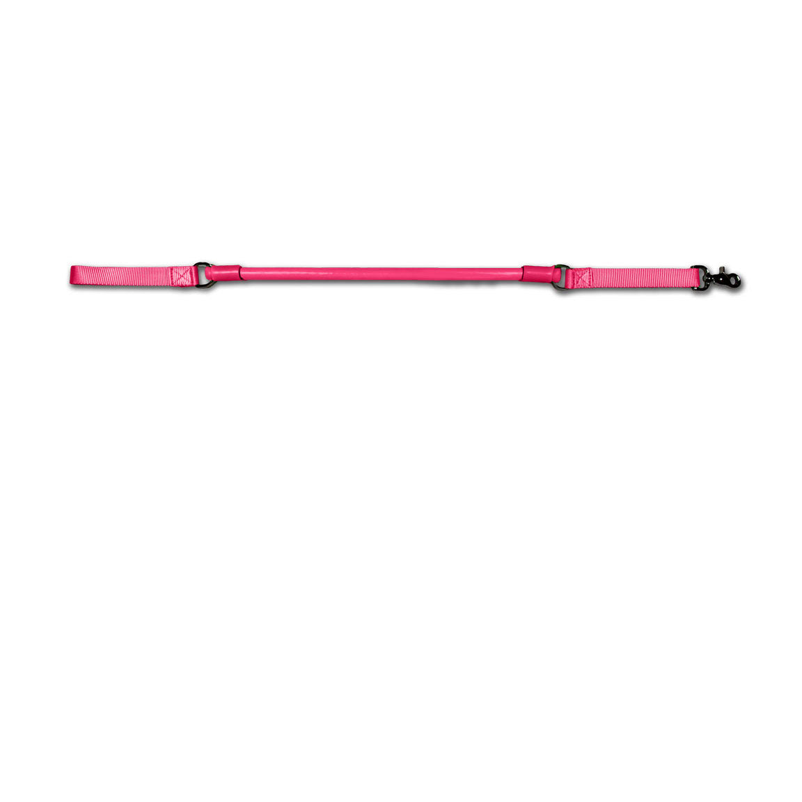 Urban Walk'r Short Stretch Leash in pink laid flat, handle at left and snap clip at right