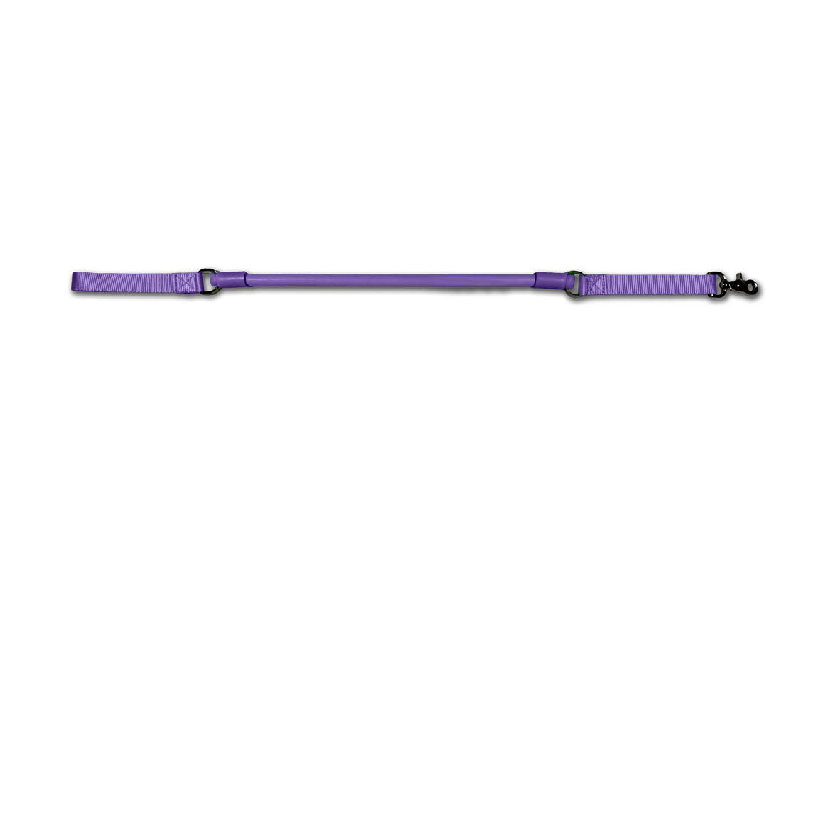 Urban Walk'r Short Stretch Leash in purple laid flat, handle at left and snap clip at right