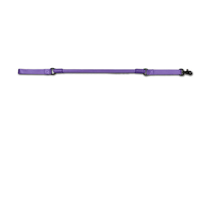 Urban Walk'r Short Stretch Leash in purple laid flat, handle at left and snap clip at right