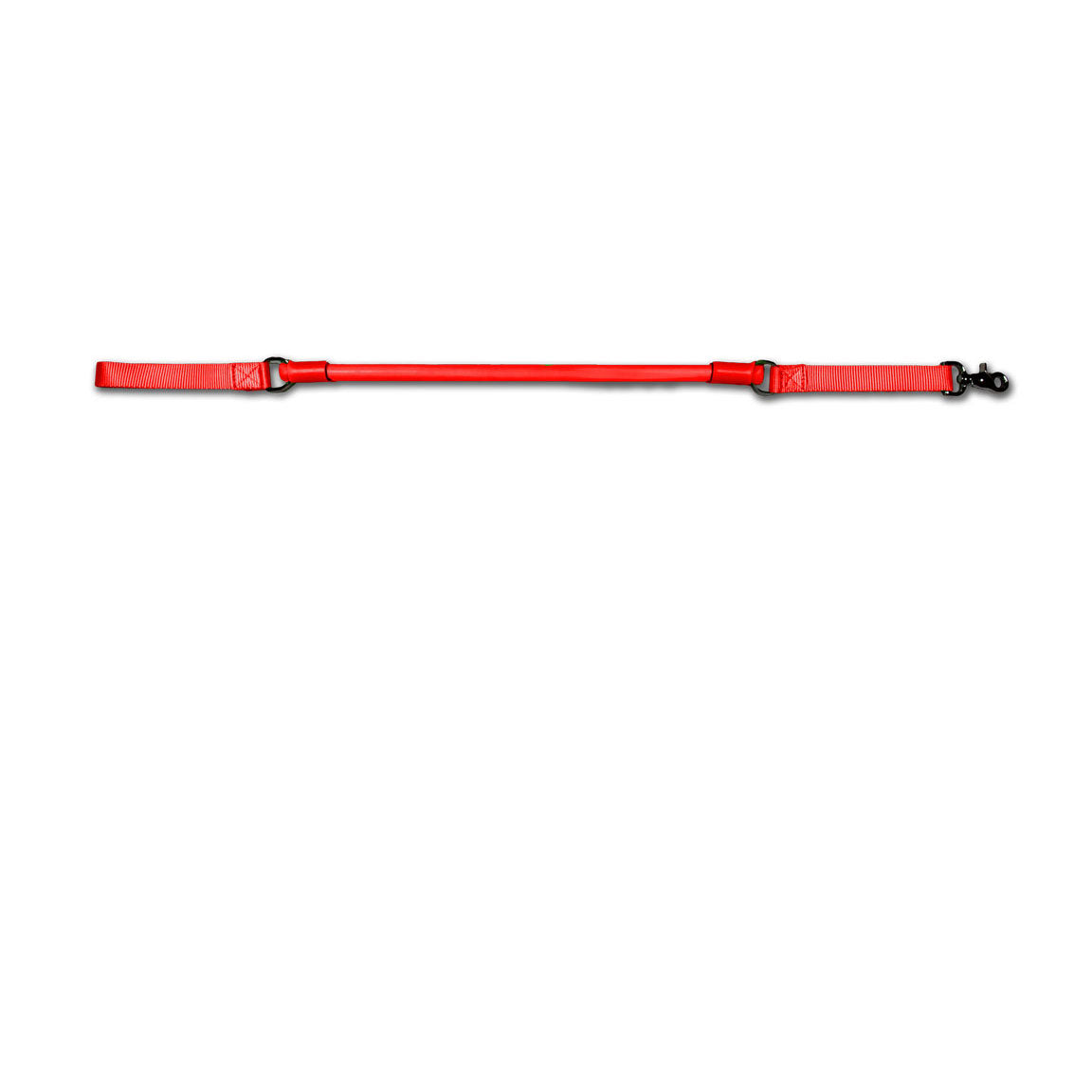 Urban Walk'r Short Stretch Leash in red laid flat, handle at left and snap clip at right