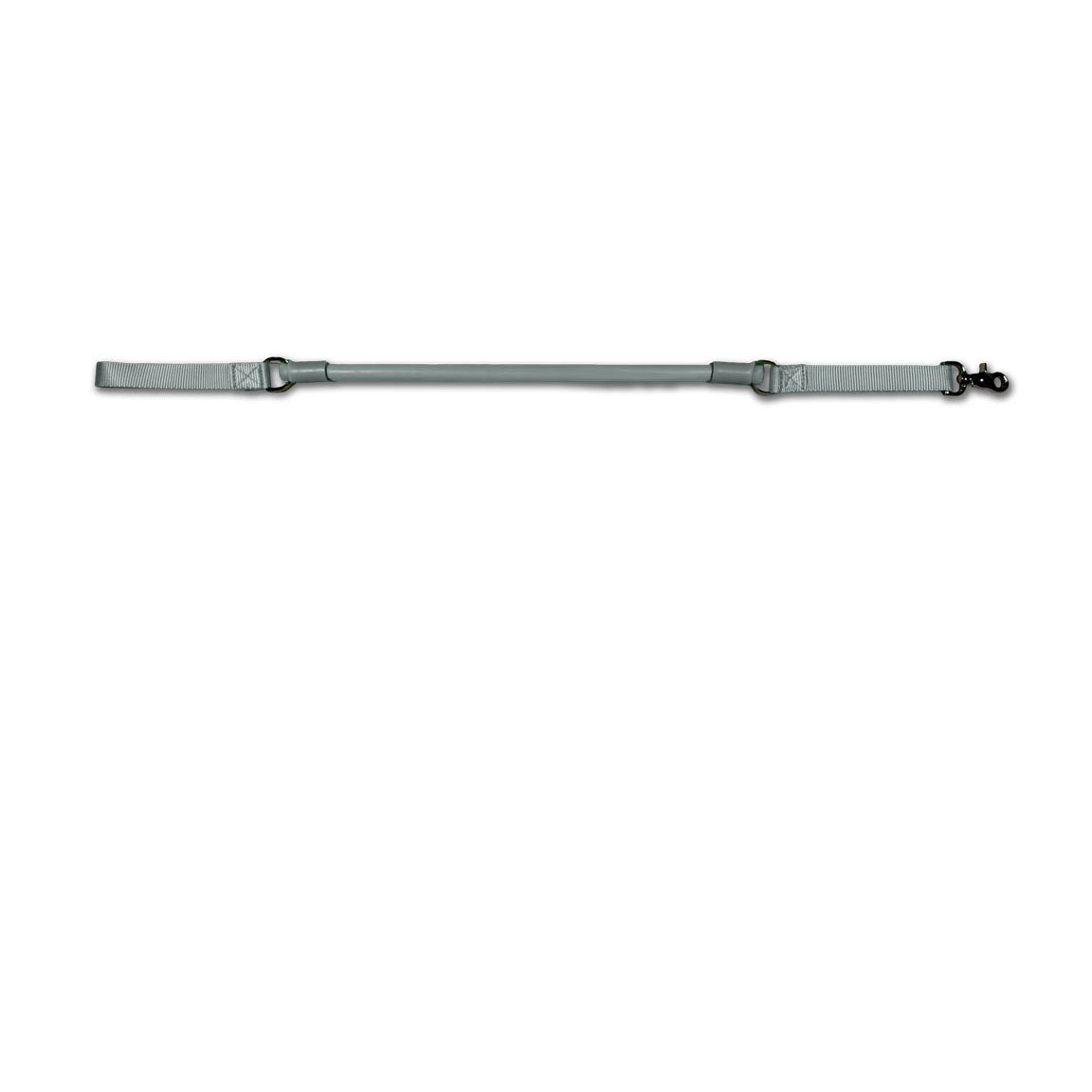 Urban Walk'r Short Stretch Leash in silver laid flat, handle at left and snap clip at right