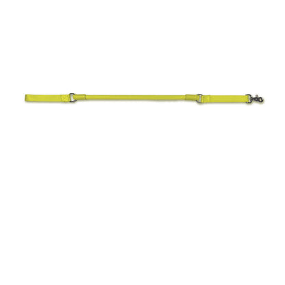 Urban Walk'r Short Stretch Leash in yellow laid flat, rubber stretch section between two nylon webbing ends