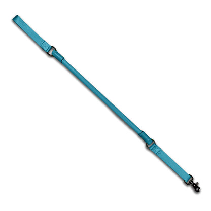Urban Walk'r Short Stretch Leash in blue, full length on a diagonal from the nylon handle to the snap clip