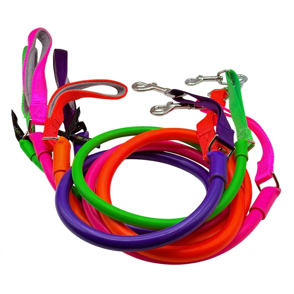 WUNDERleash stretch leashes coiled together in purple, green, orange, and pink, with padded handles and clips